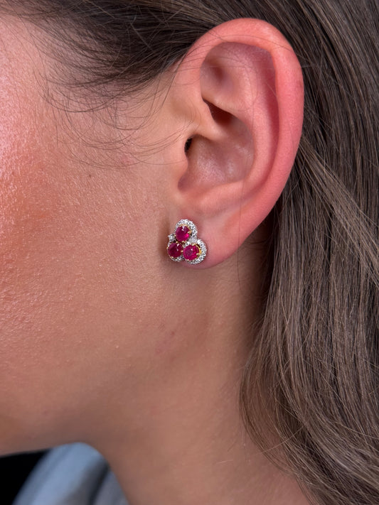 Ladies 3 Ruby Stone Halo Stud Earring