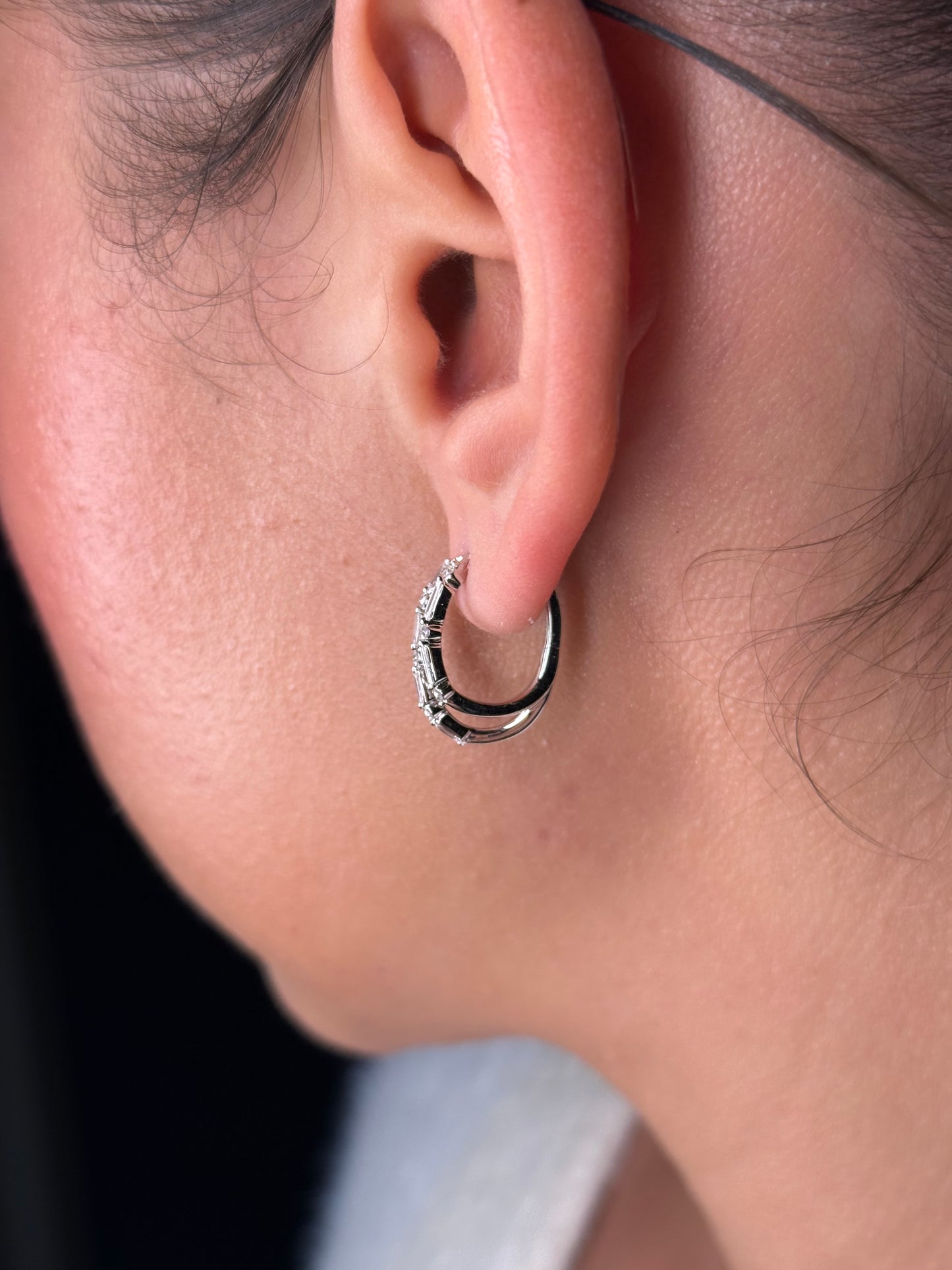 Ladies Double Alternating Baguette and Round Diamond Huggie