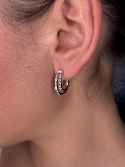 Ladies Double Alternating Baguette and Round Diamond Huggie