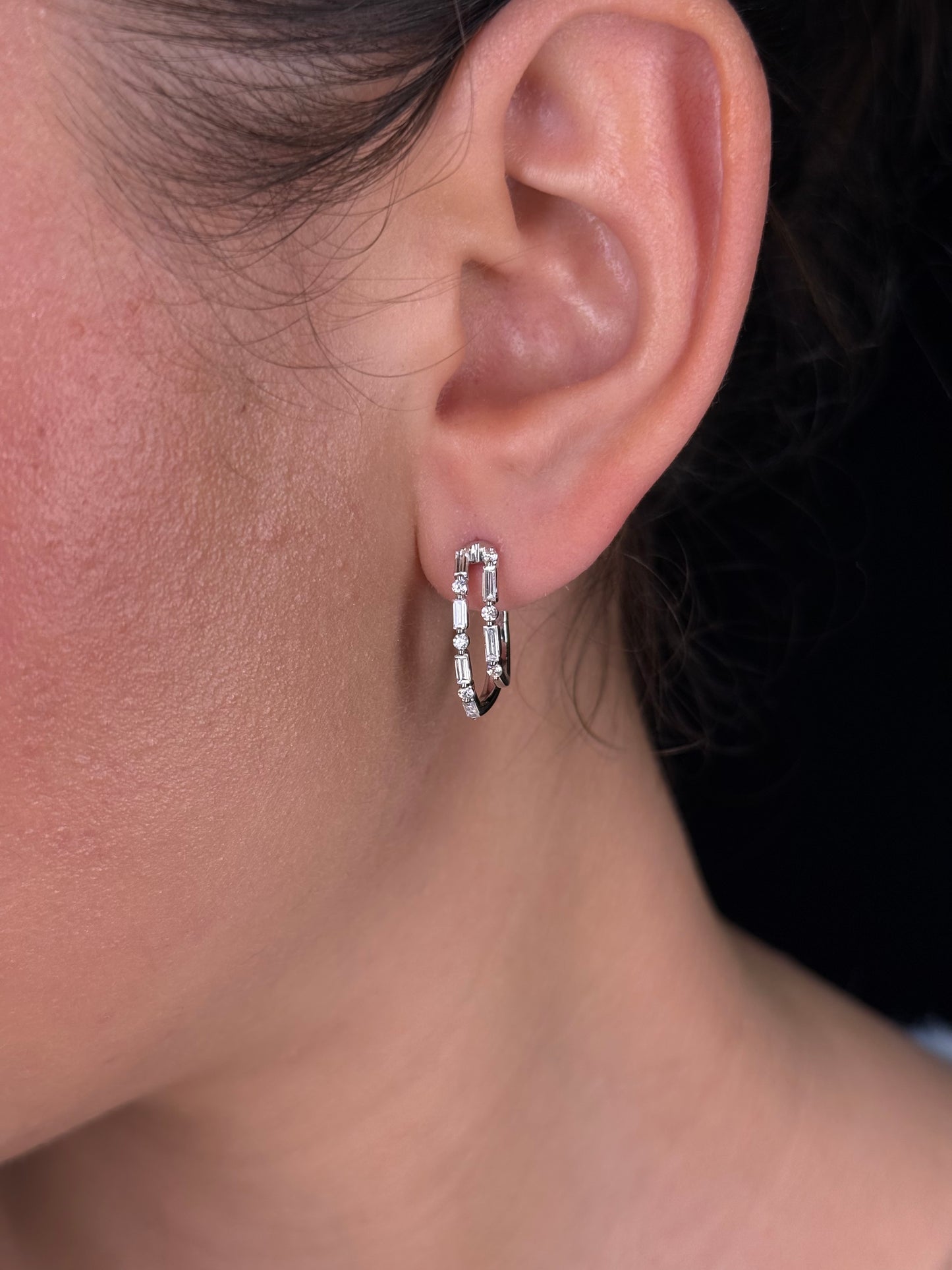 Ladies Double Alternating Baguette and Round Diamond Huggie