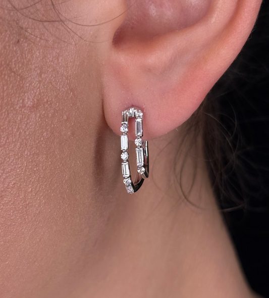 Ladies Double Alternating Baguette and Round Diamond Huggie