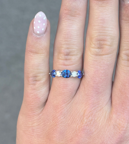 Ladies Alternating Sapphire Pear and Oval, Round Diamond Ring