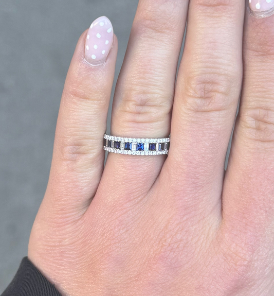 Ladies Alternating Princess Sapphire and Baguette Diamond Band