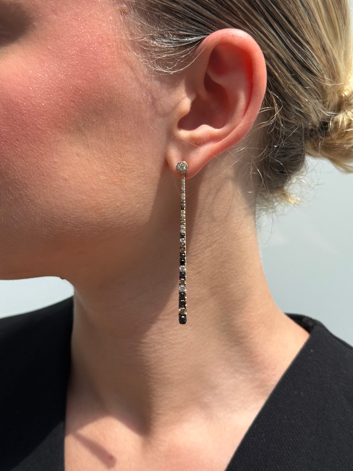Ladies Black and Champagne Diamond Long Dangling Earring