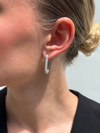 Ladies Pave Set Rectangular Diamond Hoop Earring