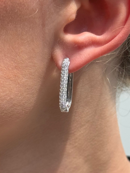 Ladies Pave Set Rectangular Diamond Hoop Earring