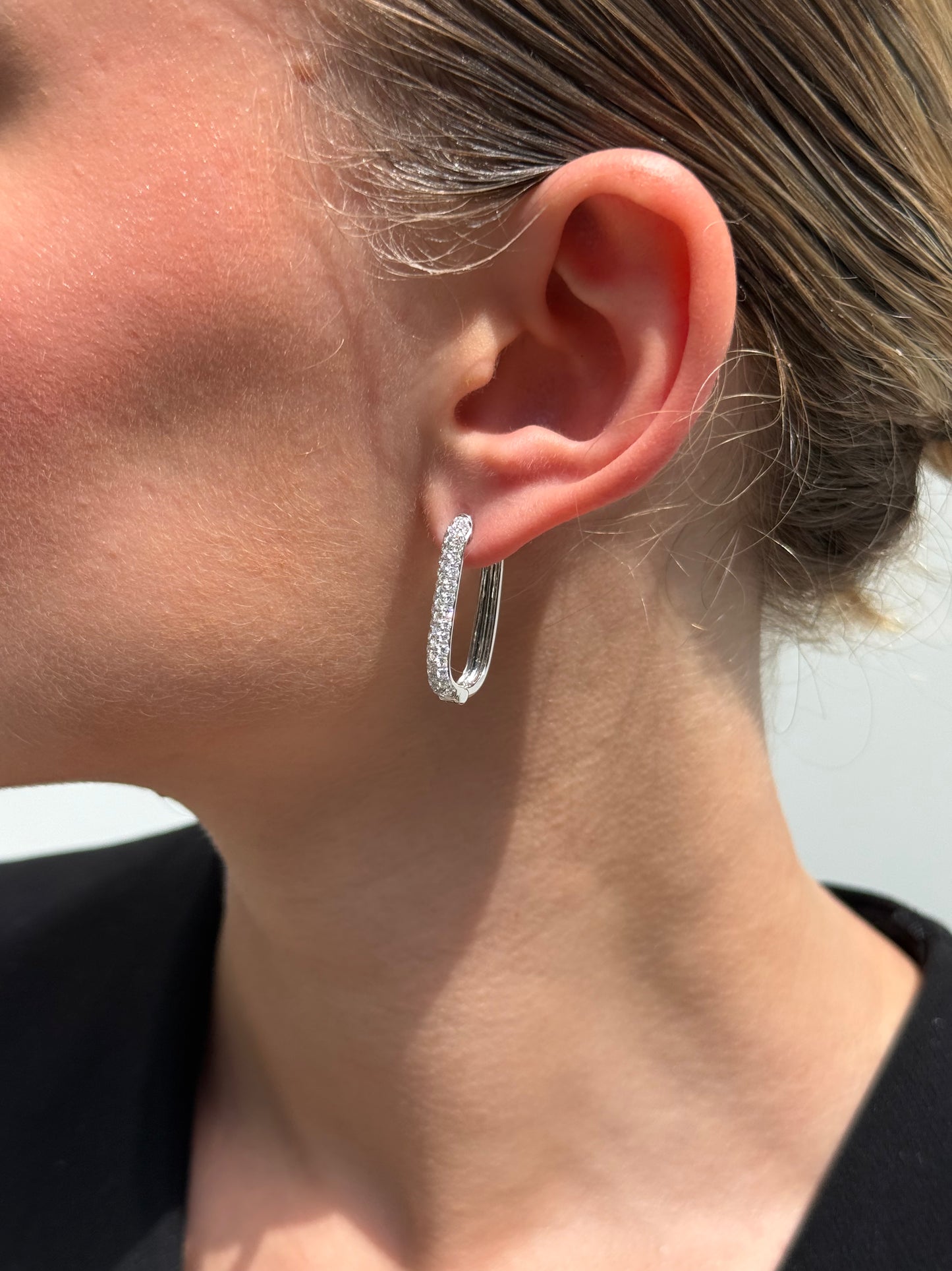 Ladies Pave Set Rectangular Diamond Hoop Earring