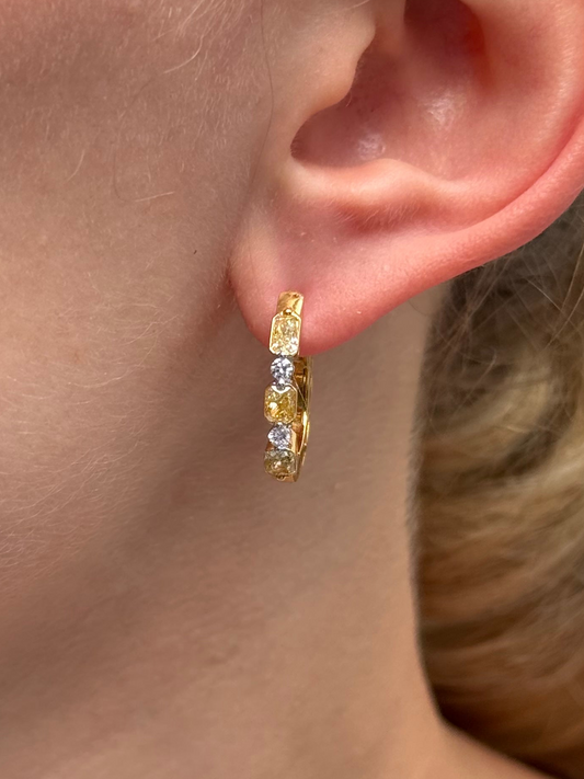 Ladies Alternating Yellow Radiant and Round Diamond Hoop Earring