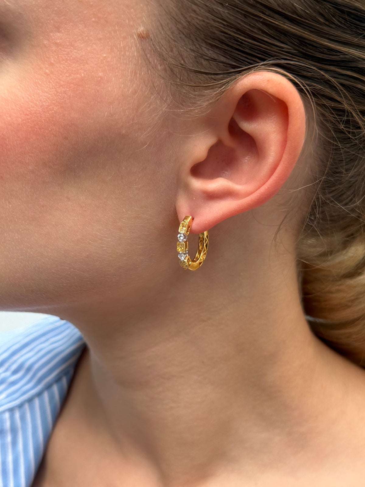 Ladies Alternating Yellow Radiant and Round Diamond Hoop Earring