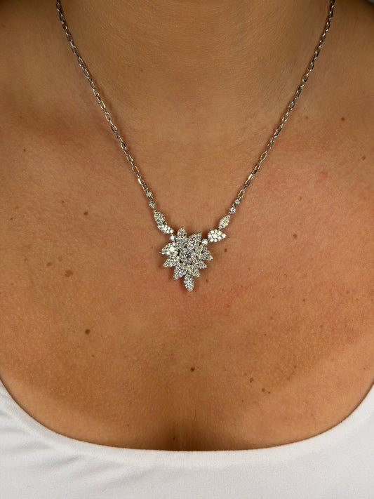 Ladies Round Diamond Cluster Leaf Pendant