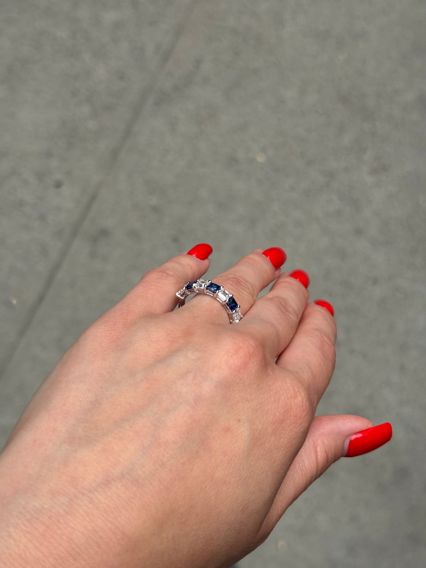 Ladies Alternating Lab Grown Asscher Cut Sapphire and Diamond Ring