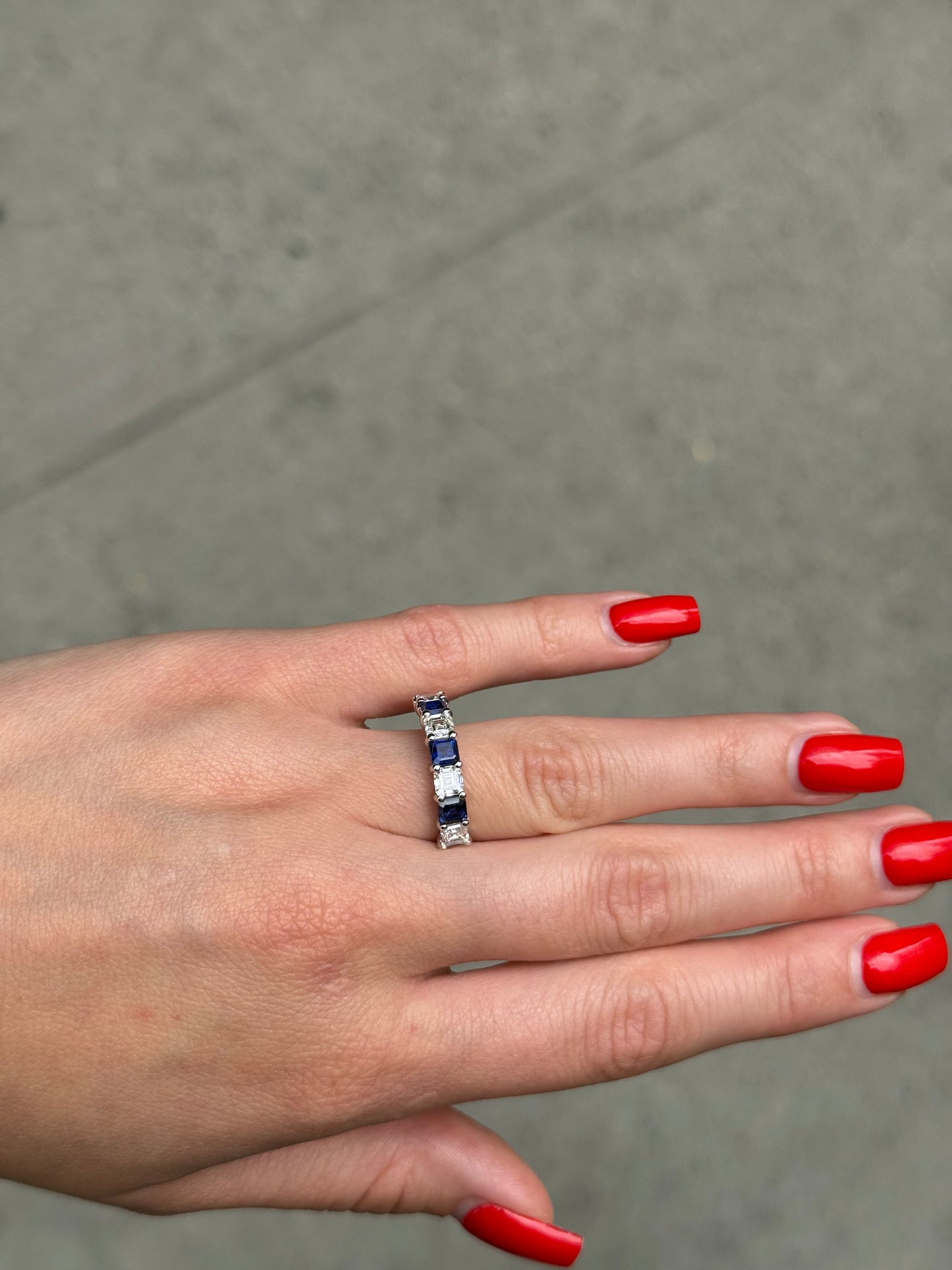 Ladies Alternating Lab Grown Asscher Cut Sapphire and Diamond Ring