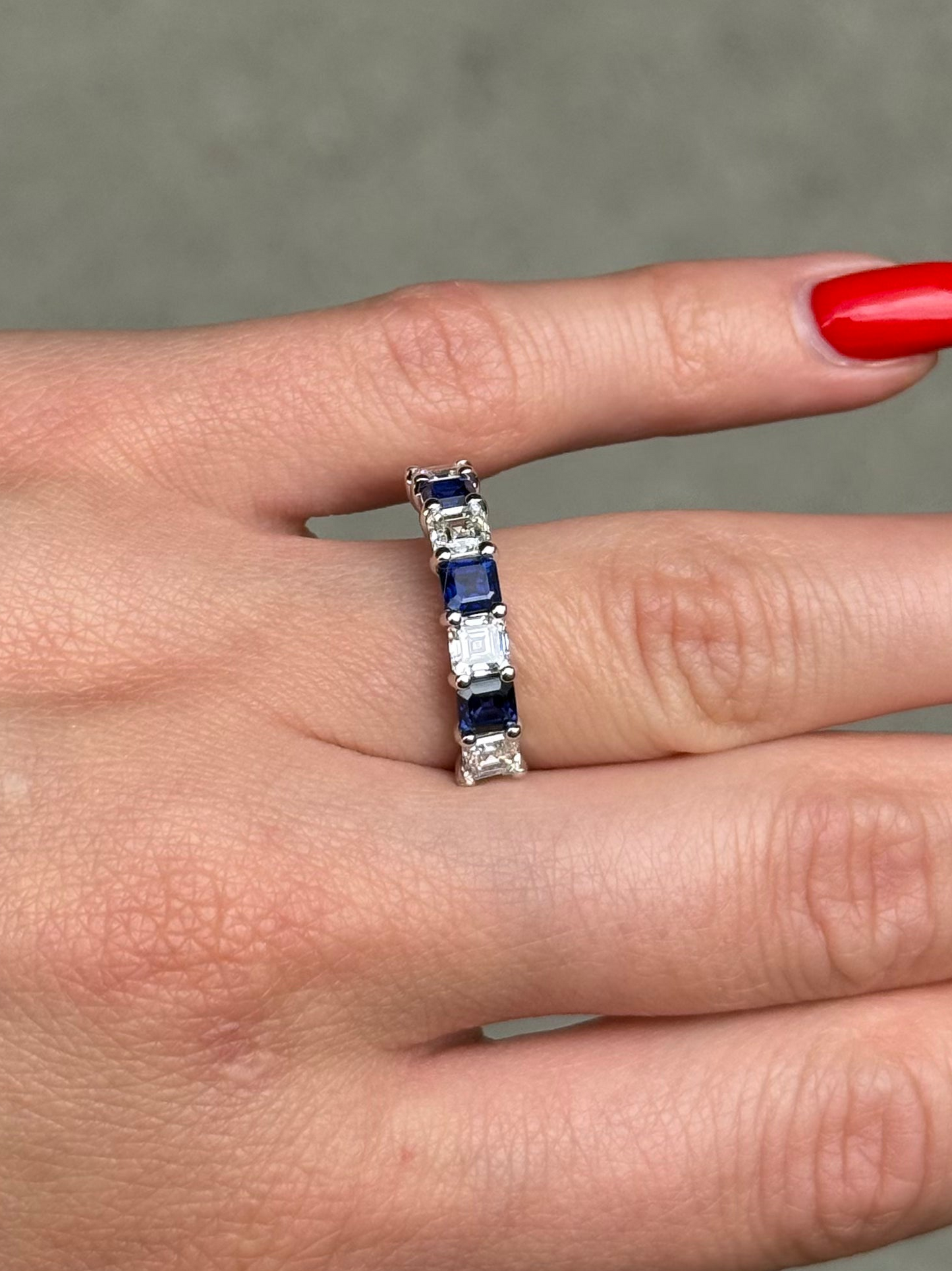 Ladies Alternating Lab Grown Asscher Cut Sapphire and Diamond Ring