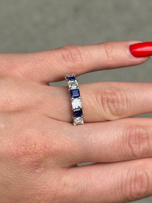 Ladies Alternating Lab Grown Asscher Cut Sapphire and Diamond Ring