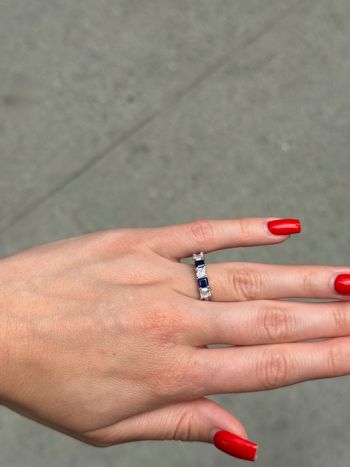 Ladies Alternating Lab Grown Asscher Cut Sapphire and Diamond Ring