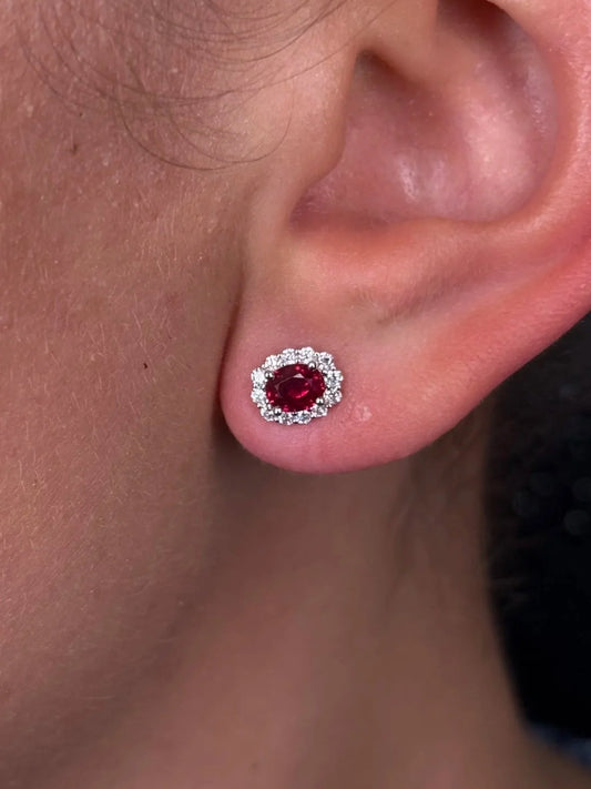 Ladies Ruby Halo Stud Earring