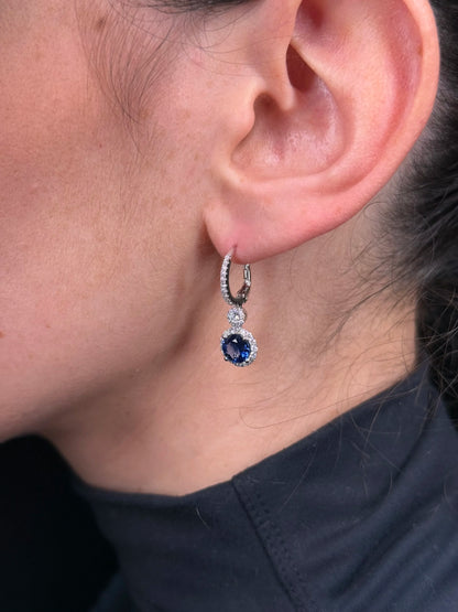 Ladies Dangling Round Sapphire Diamond Earrings