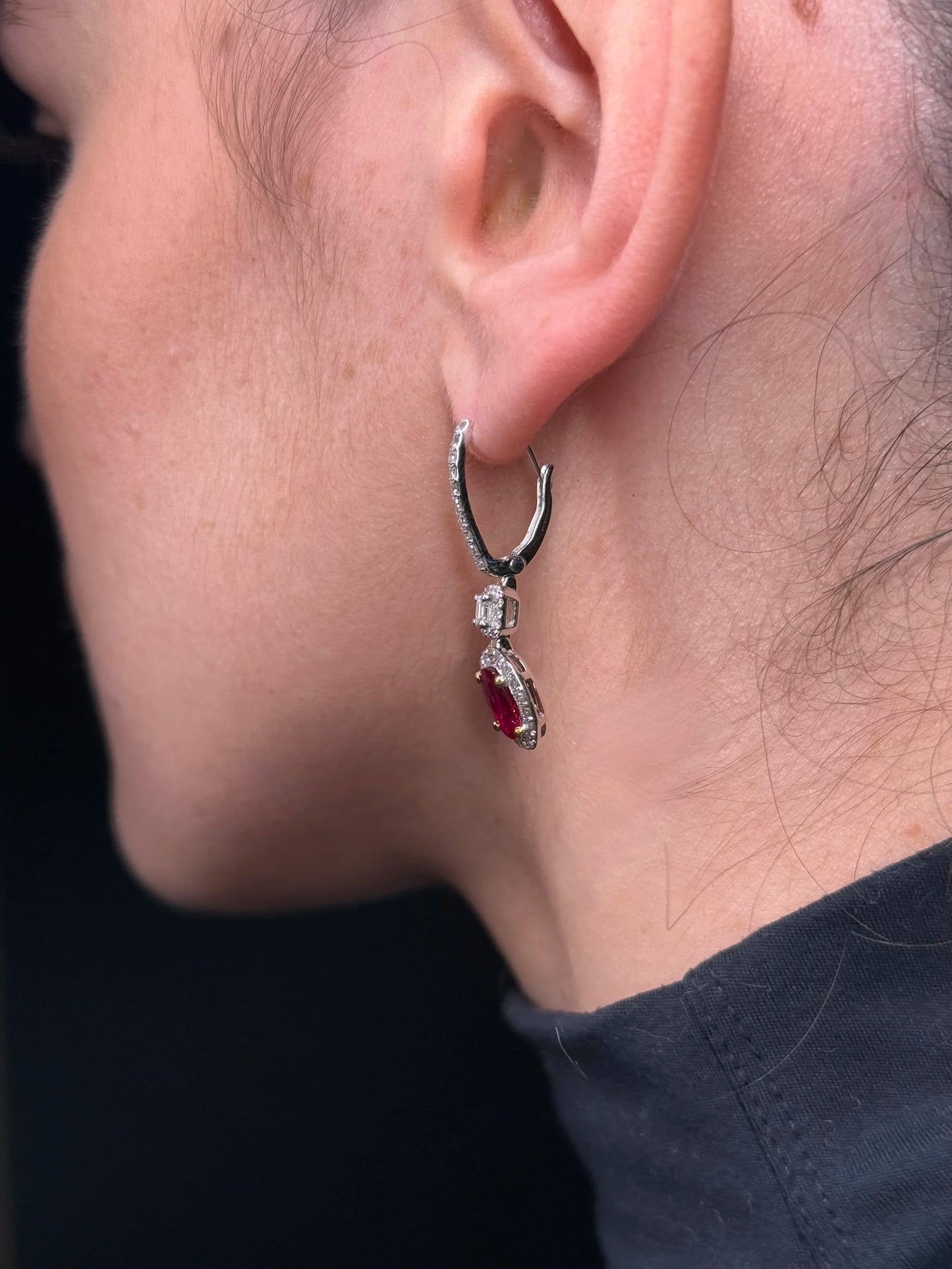 Ladies Dangling Oval Ruby Diamond Earrings