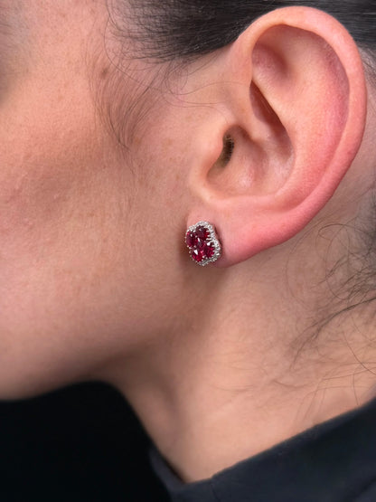 Ladies Oval Ruby Clover Cluster Diamond Earrings