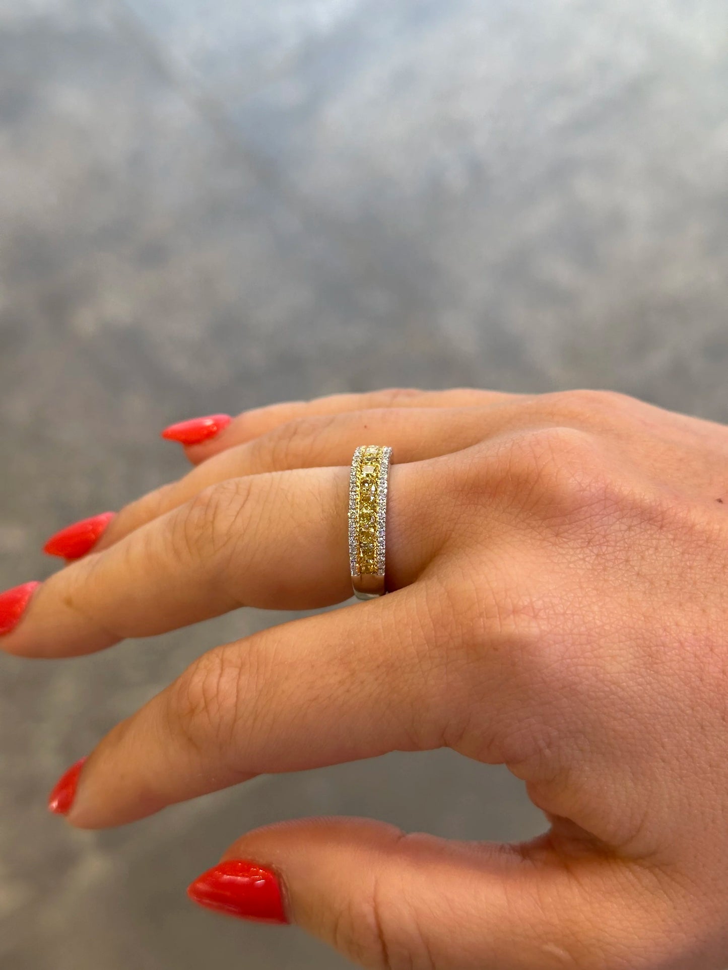 Ladies Thin Yellow Cushion Cut Diamond Band
