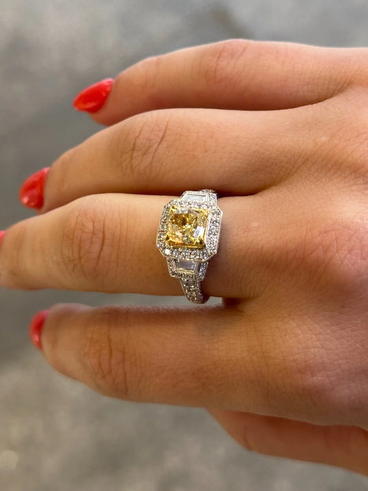 Ladies Center Yellow Diamond Antique Style Engagement Ring