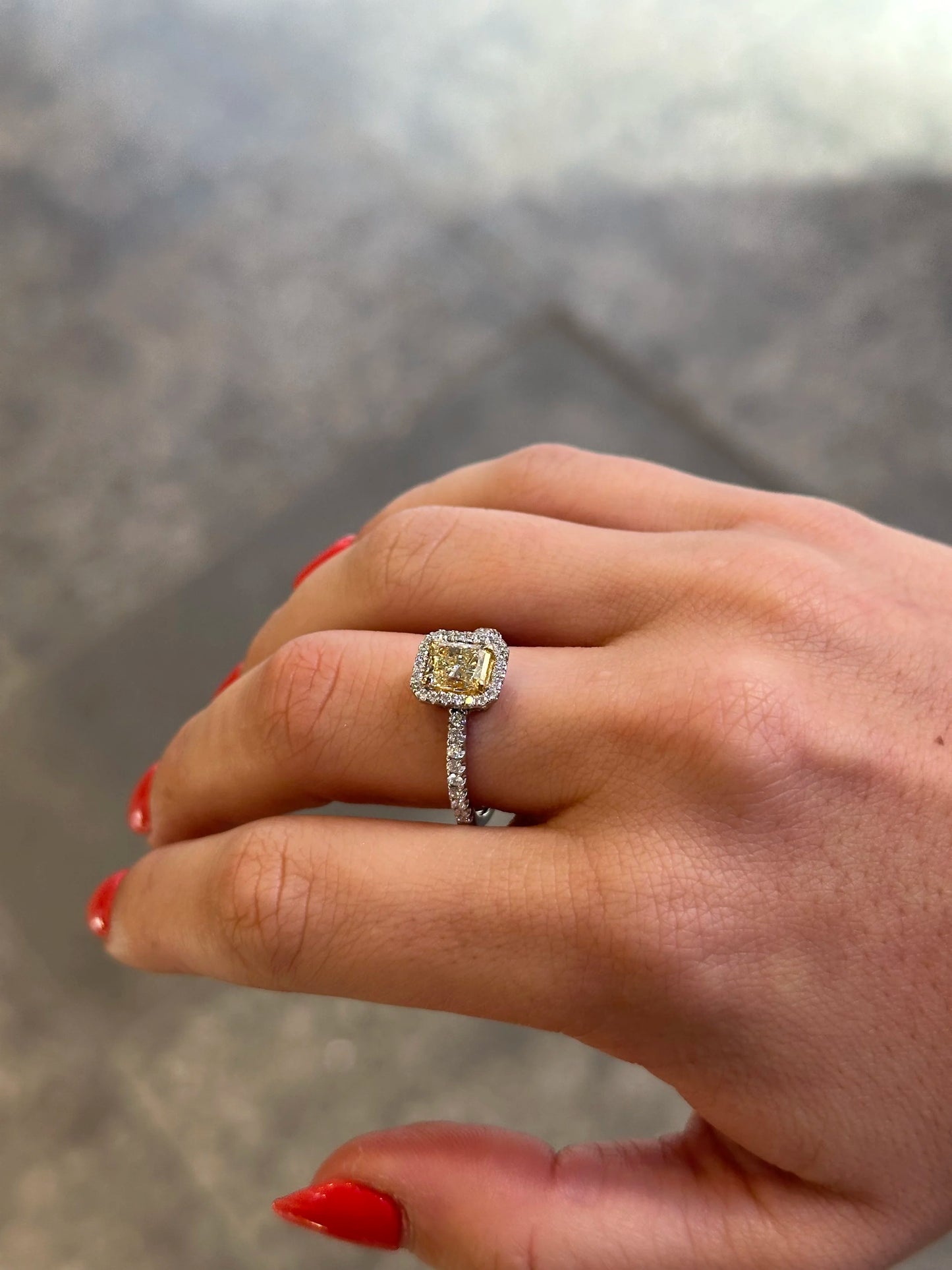 Ladies Yellow Radiant Cut Halo Engagement Ring
