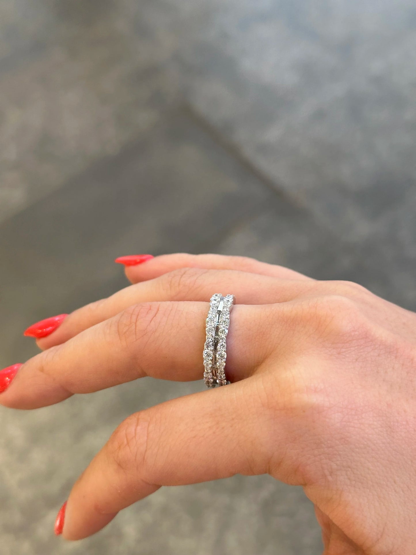 Ladies Two Row of Round Diamond and Baguette Eternity Band