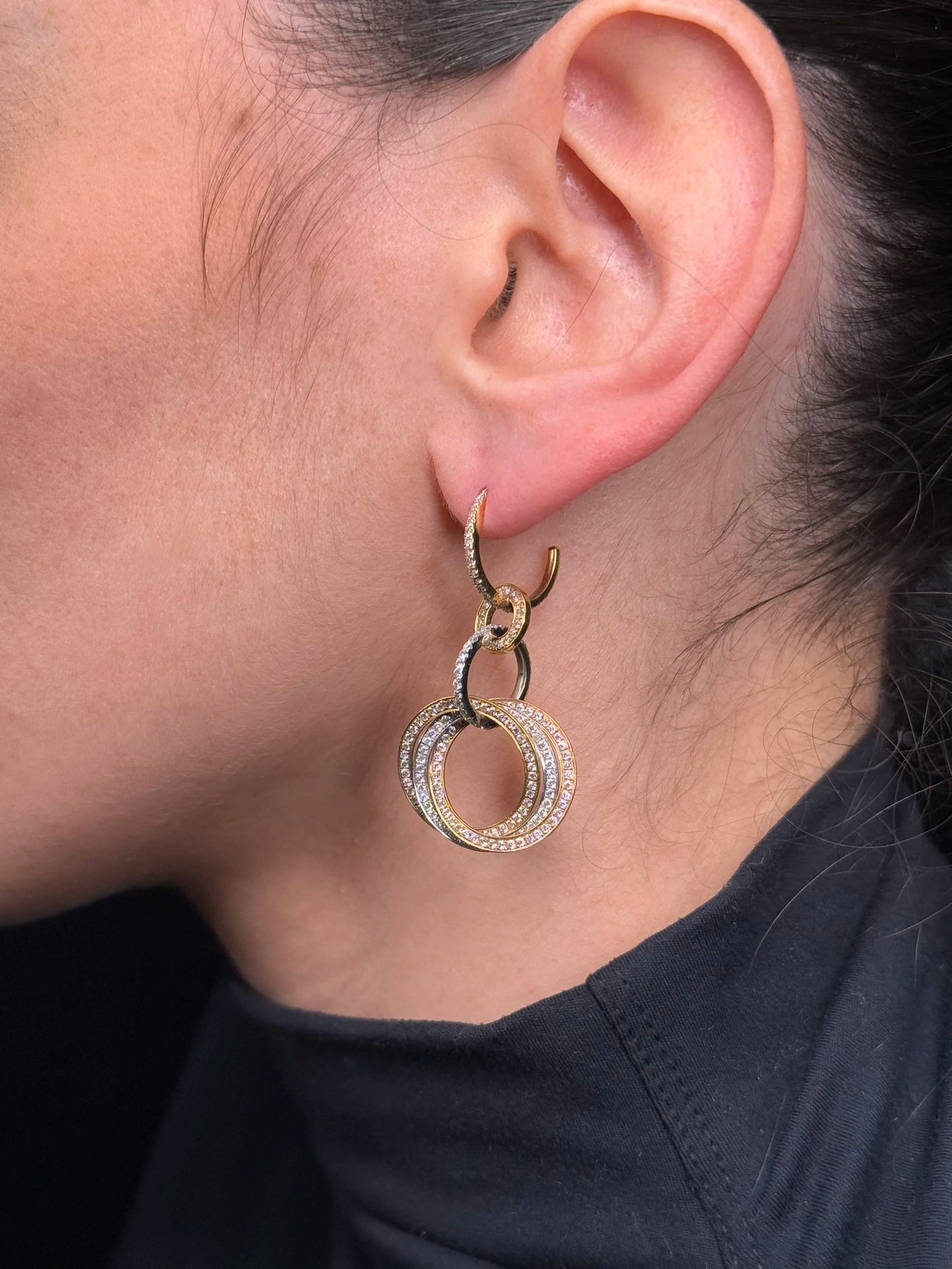 Ladies Trinity Pave Set White, Yellow, and Rose Gold Diamond Earrings