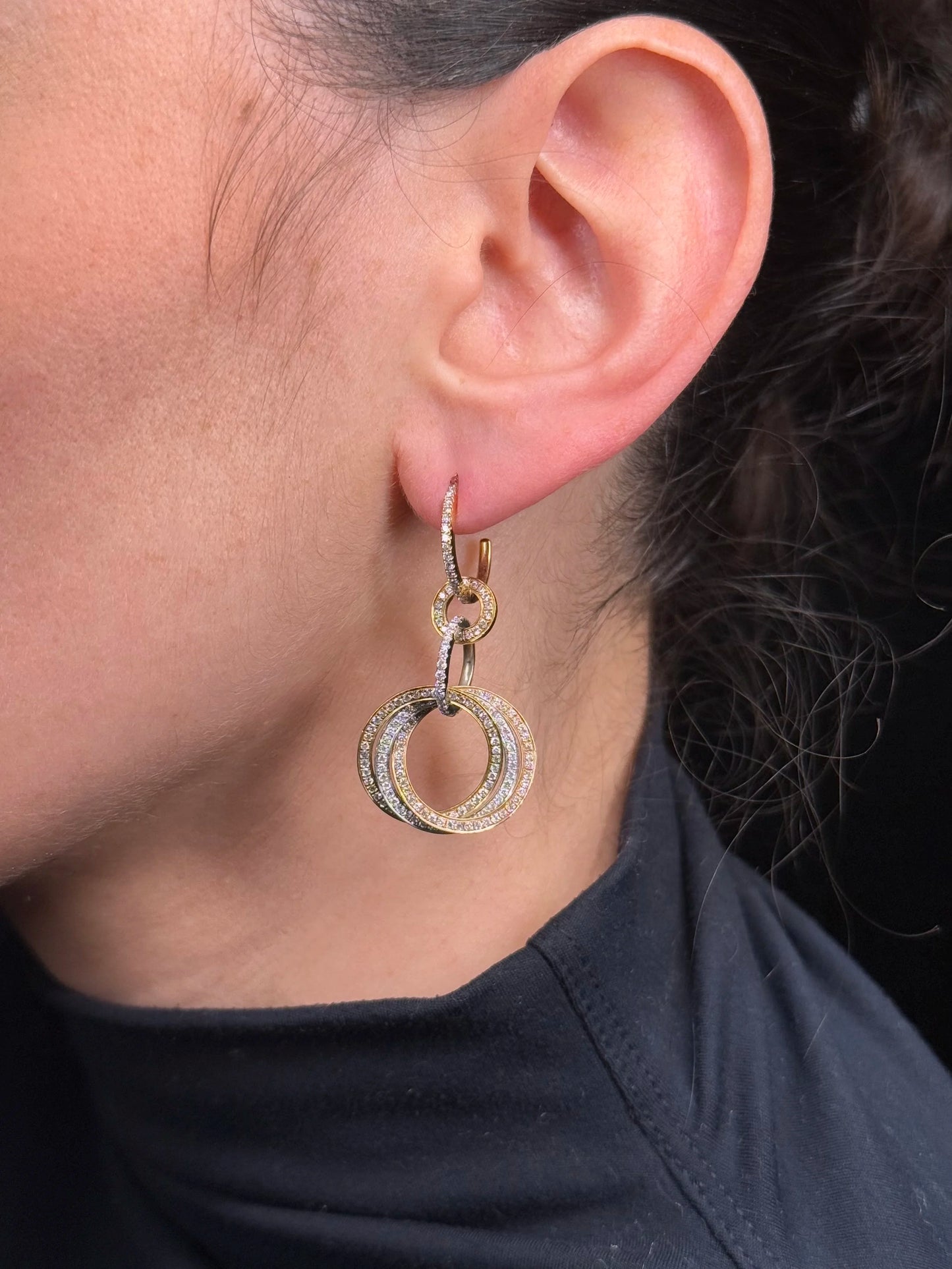 Ladies Trinity Pave Set White, Yellow, and Rose Gold Diamond Earrings
