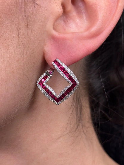 Ladies Diamond Shape Ruby and Diamond Earrings