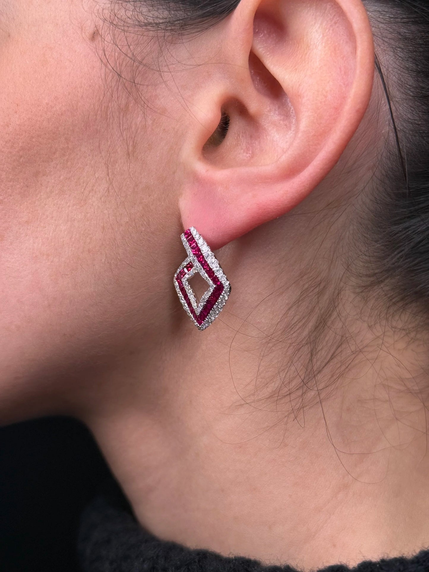 Ladies Diamond Shape Ruby and Diamond Earrings