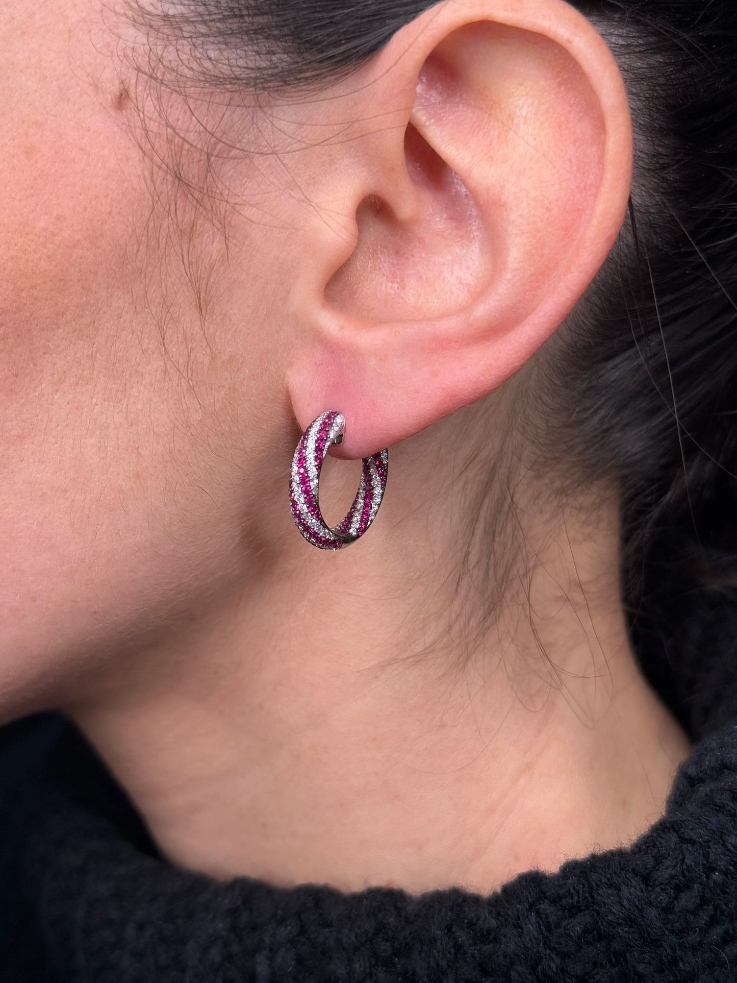 Ladies Swirl Ruby and Round Diamond Huggie
