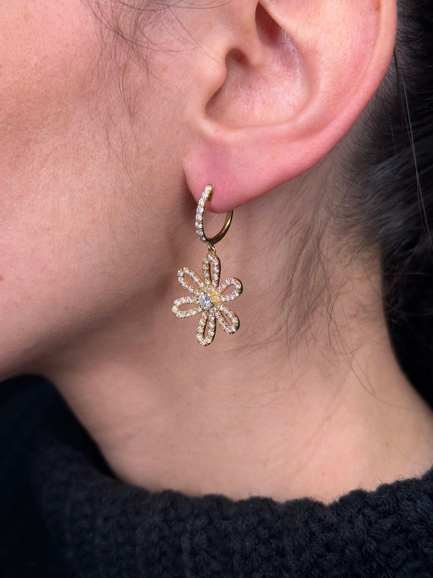 Ladies Spaced Out Flower Center Diamond Earrings