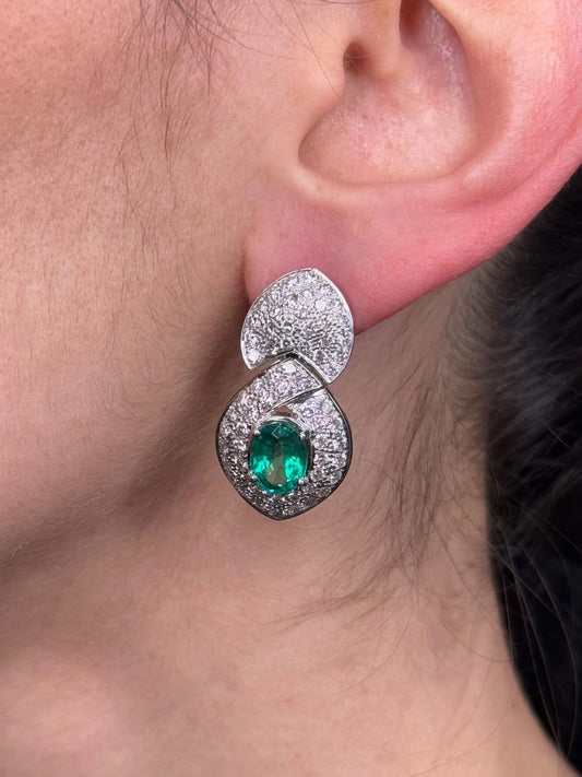 Ladies Pave Set Oval Emerald and Diamond Earrings