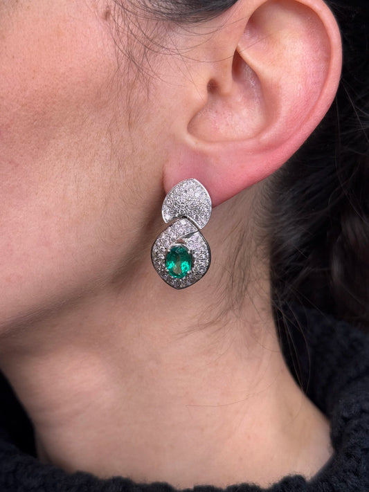 Ladies Pave Set Oval Emerald and Diamond Earrings