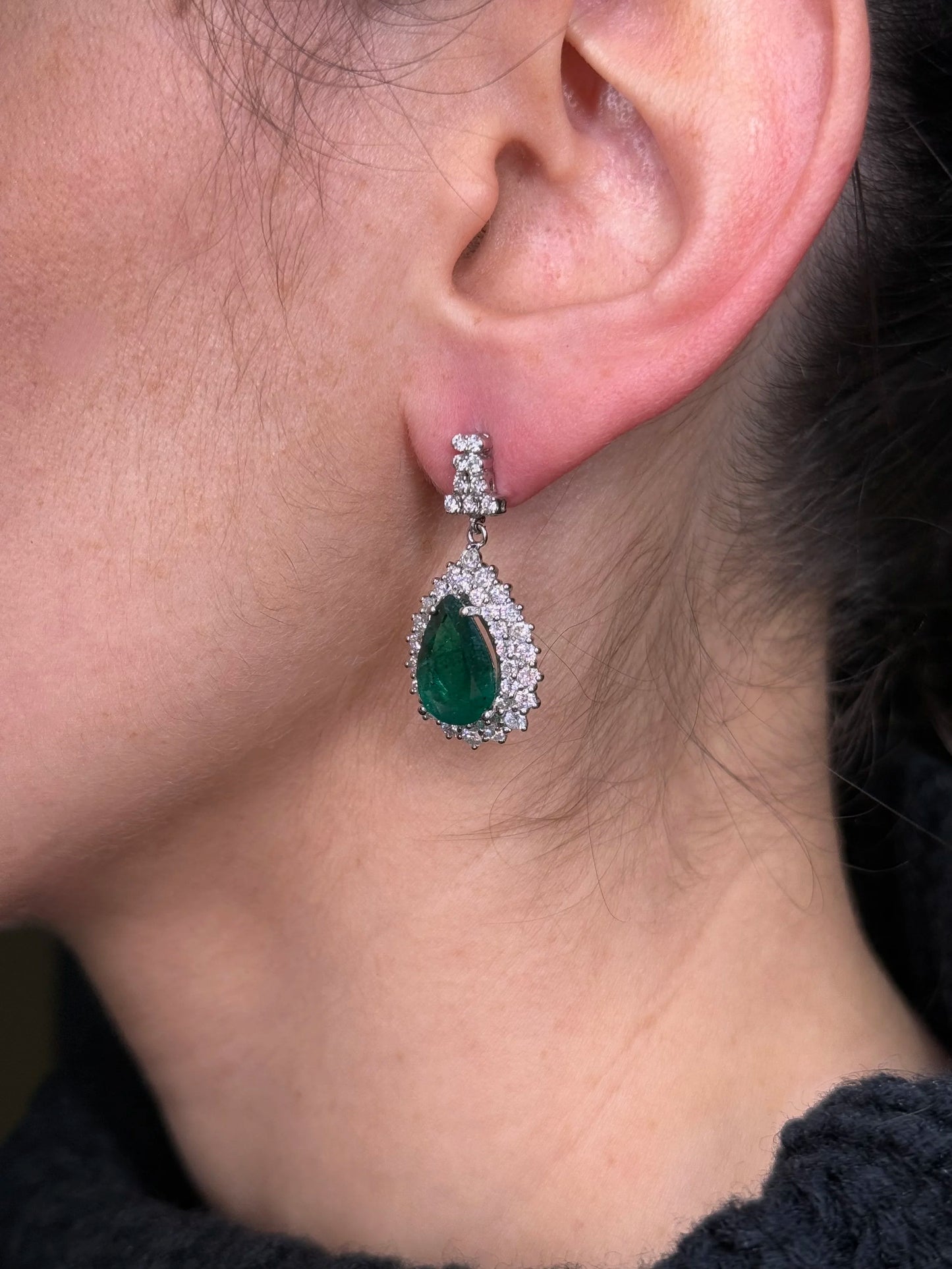 Ladies Pear Emerald and Diamond Earrings