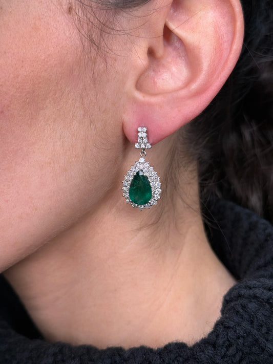 Ladies Pear Emerald and Diamond Earrings