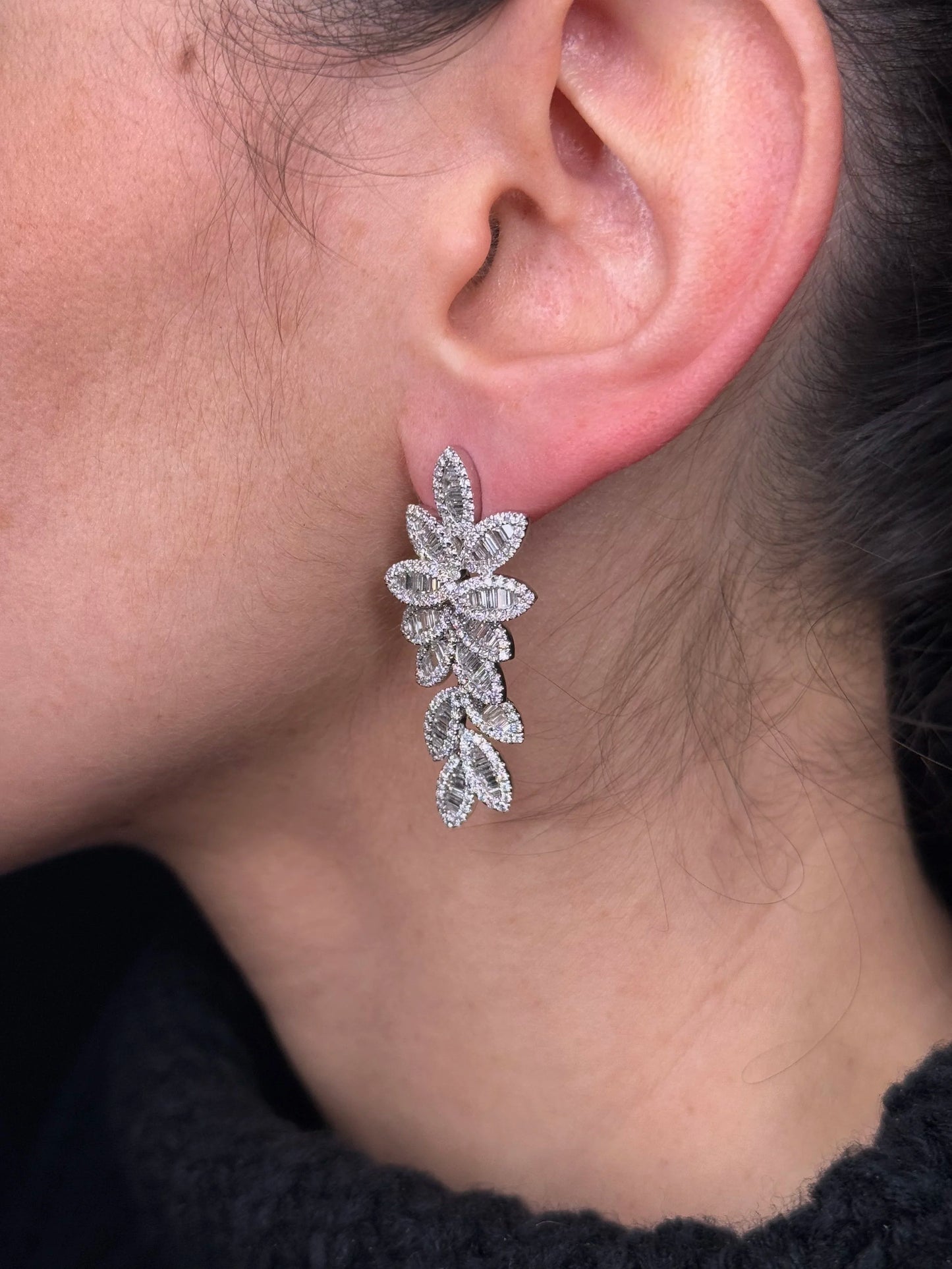 Ladies Baguette and Round Diamond Leaves Earrings