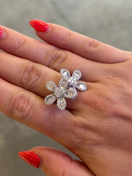 Ladies Two Flower Baguette and Round Diamond Ring