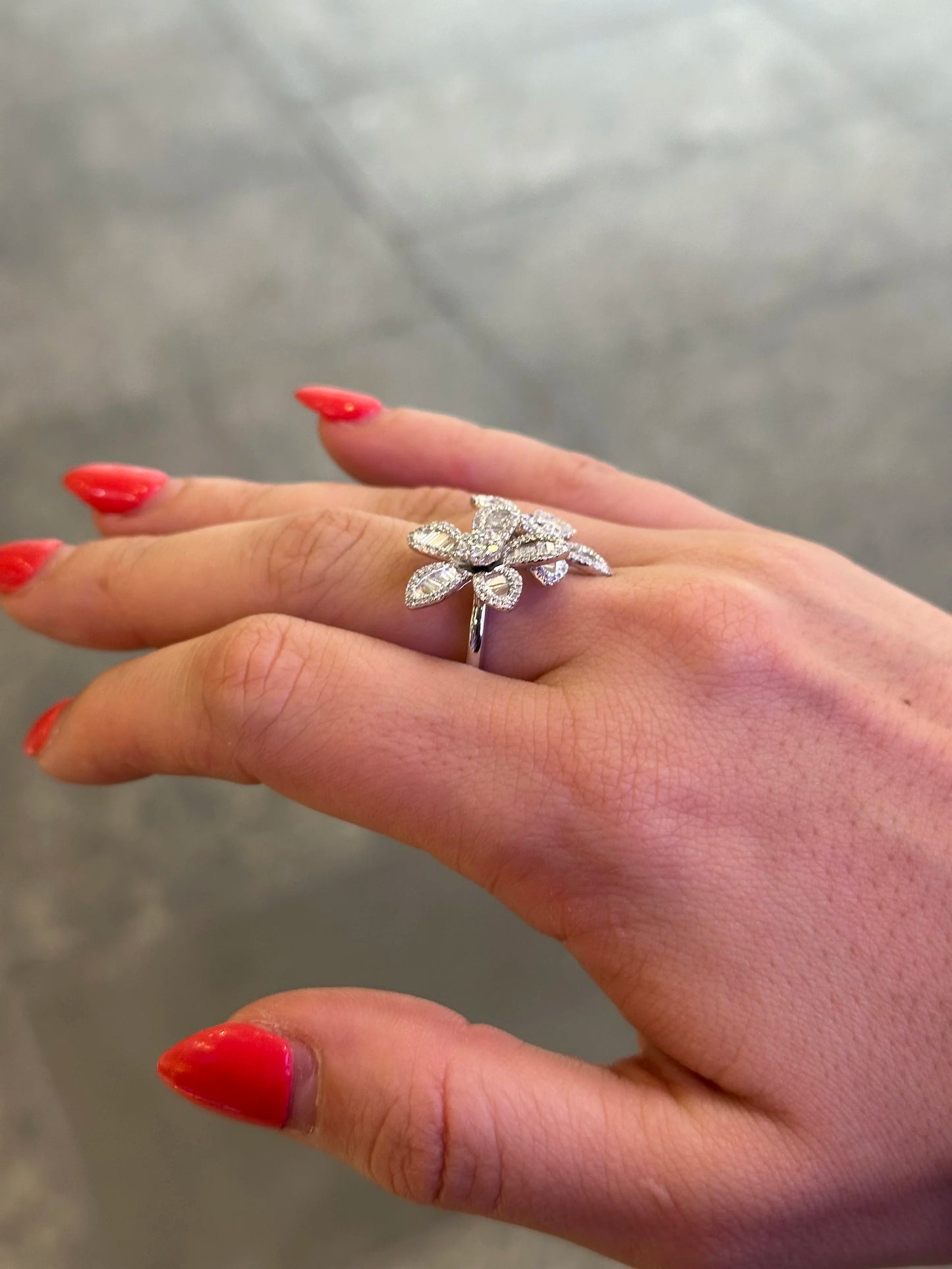 Ladies Two Flower Baguette and Round Diamond Ring