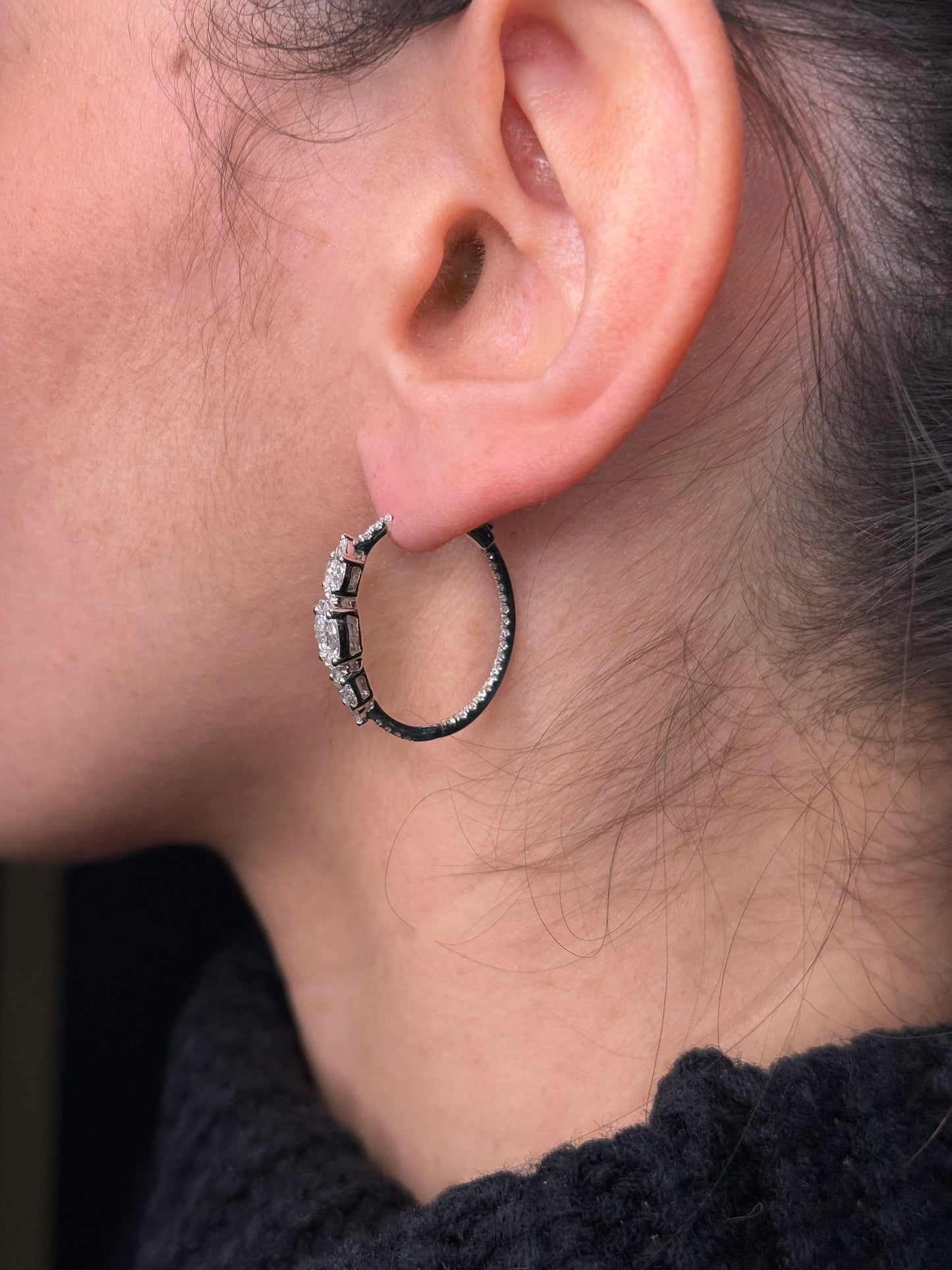 Ladies Pear and Round Cluster Diamond Hoops
