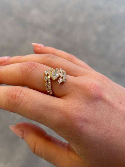 Ladies Yellow Gold Two Row Round and Marquise Diamond Ring