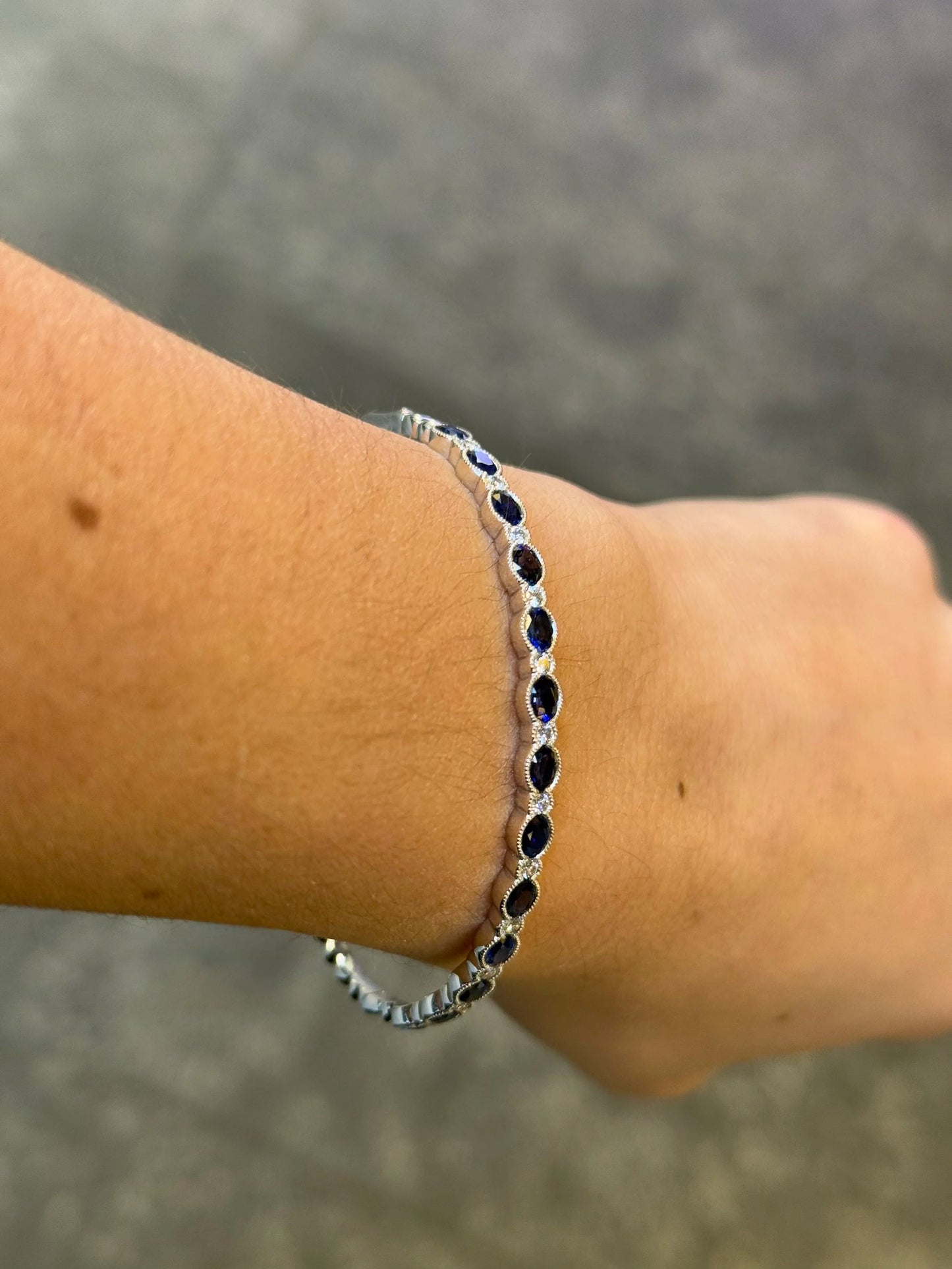 Ladies Alternating Round Diamond and Sapphire Bangle with Milgrain Style