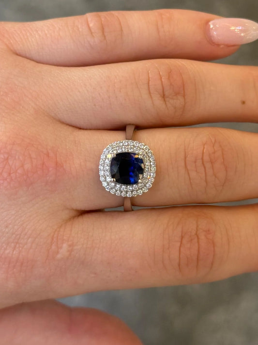 Ladies Double Halo and Sapphire Ring