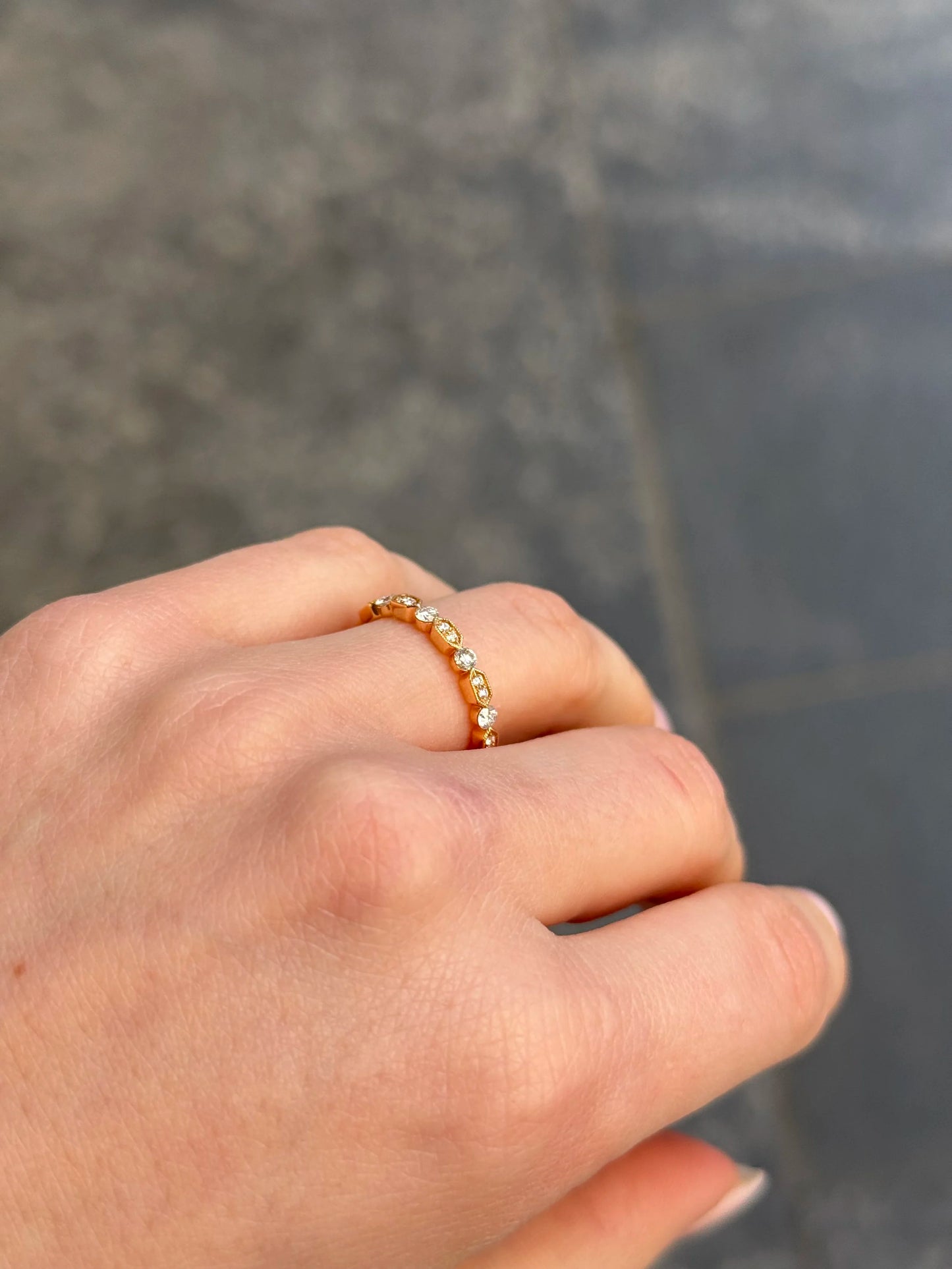 Ladies Alternating Double Stone Milgrain and Bezel Set Wedding Band