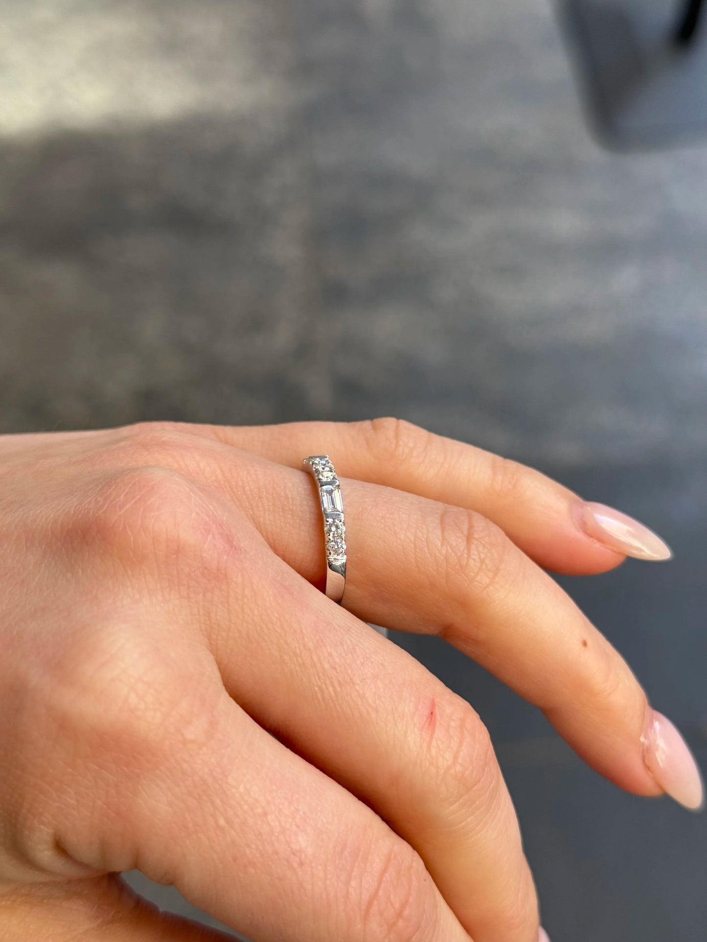 Ladies White Gold Round and Baguette Diamond Wedding Band