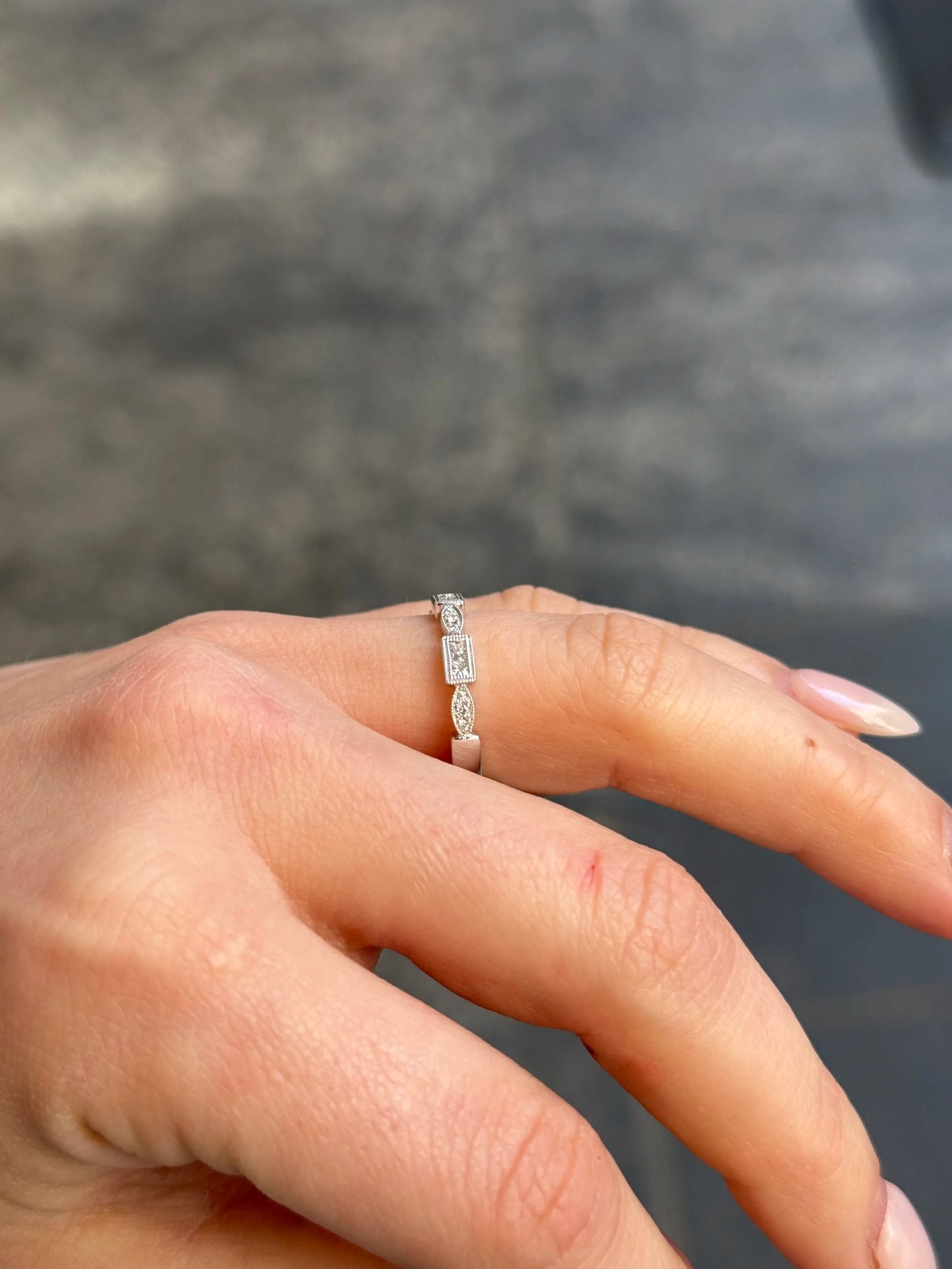 Ladies White Gold Milgrain Marquise and Emerald Cluster Wedding Band