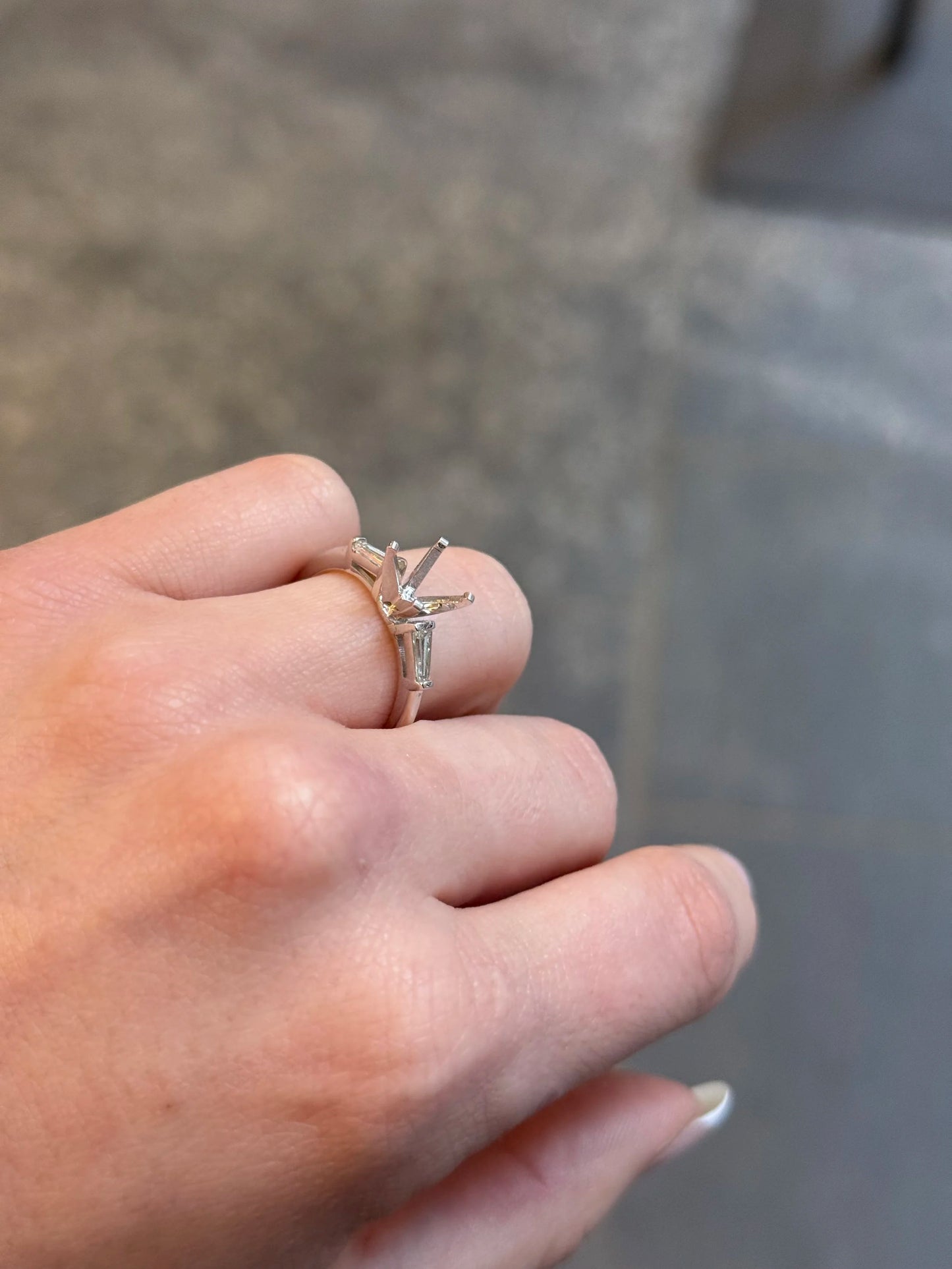 Ladies White Gold and Baguette Side Stone Engagement Ring