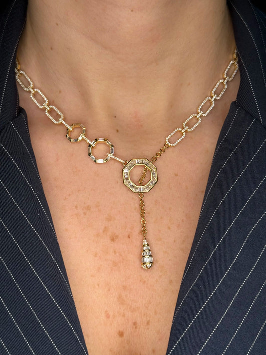 Ladies Elegant Yellow Gold Baguette and Round Diamond Necklace