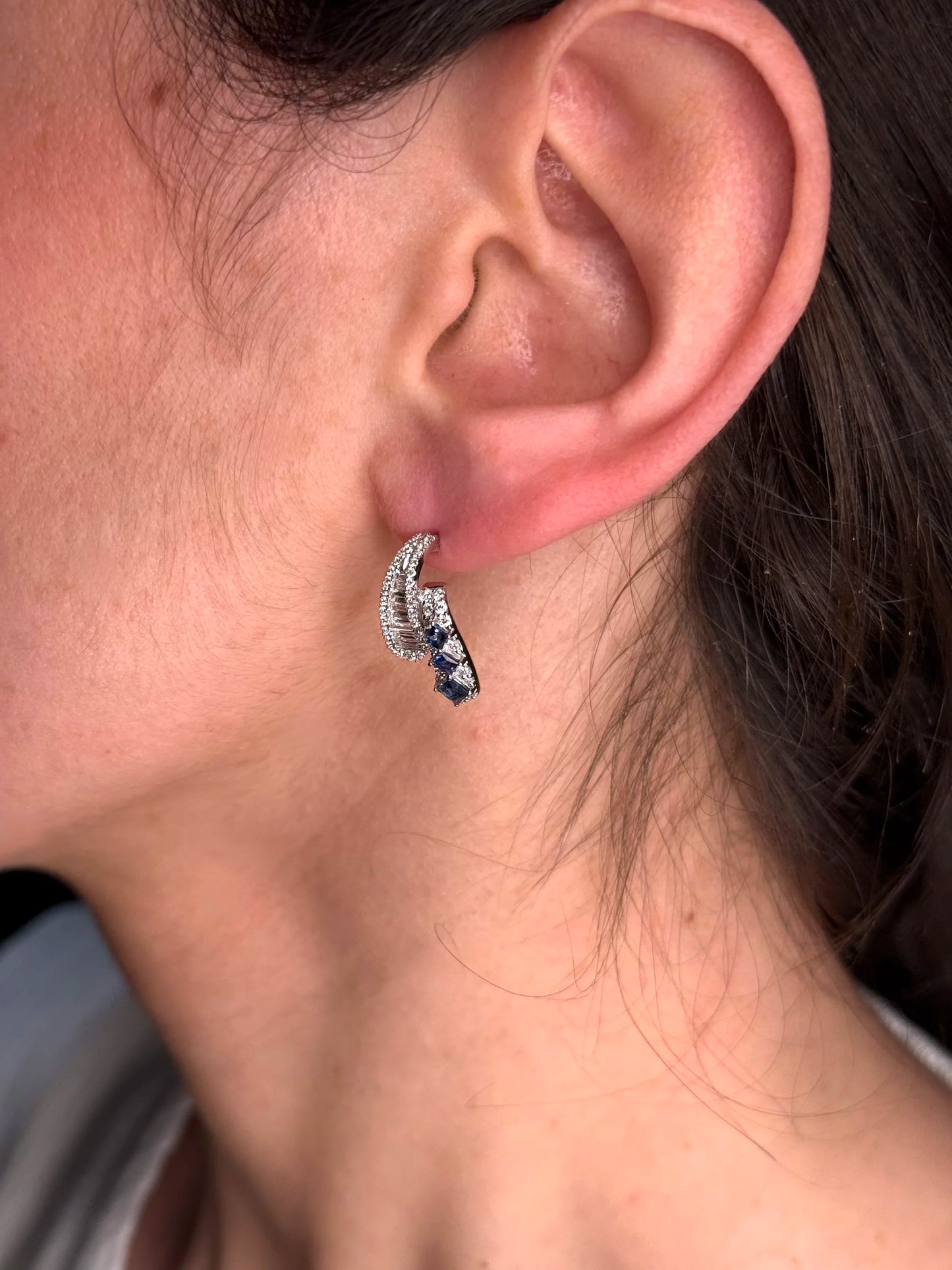 Ladies Fancy Sapphire, Round and Baguette Diamond Earring